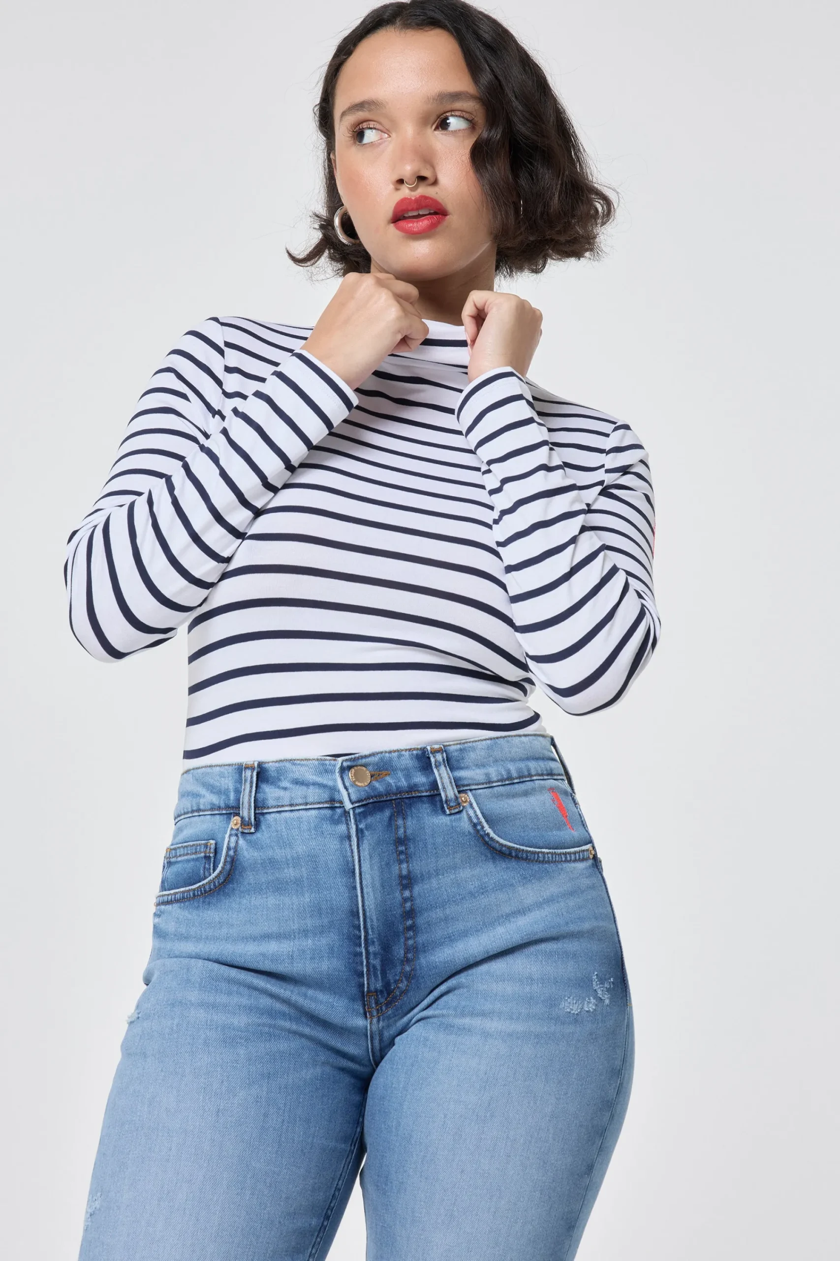 Women Scamp & Dude Ivory with Navy Stripe Long Sleeve Polo Top