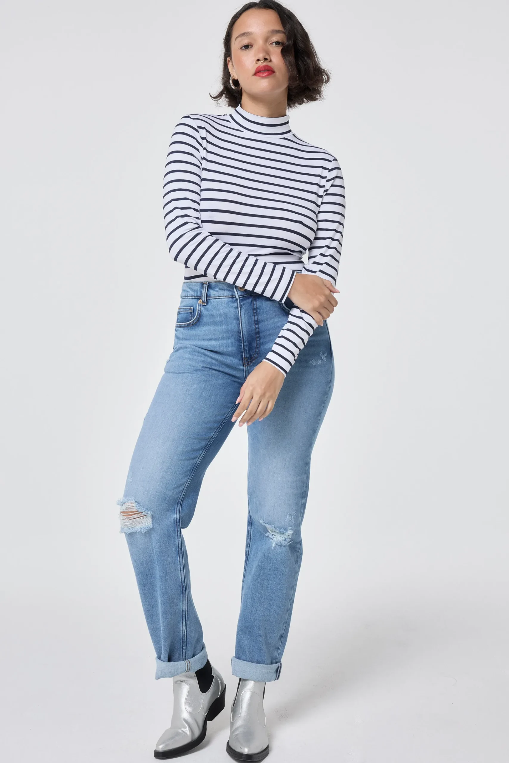 Women Scamp & Dude Ivory with Navy Stripe Long Sleeve Polo Top