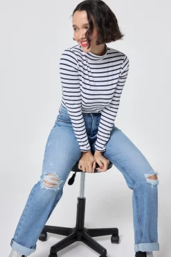 Women Scamp & Dude Ivory with Navy Stripe Long Sleeve Polo Top