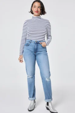 Women Scamp & Dude Ivory with Navy Stripe Long Sleeve Polo Top