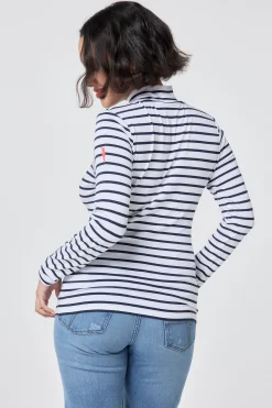 Women Scamp & Dude Ivory with Navy Stripe Long Sleeve Polo Top