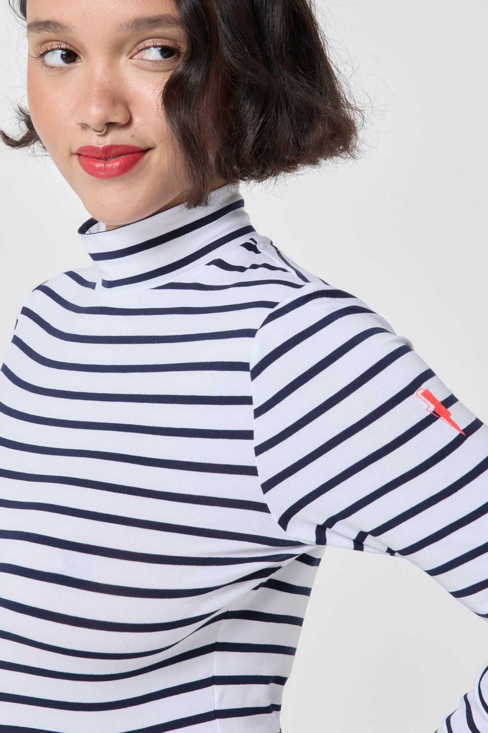 Women Scamp & Dude Ivory with Navy Stripe Long Sleeve Polo Top