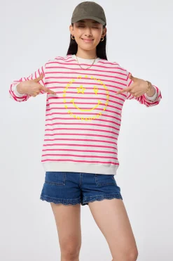 Women Scamp & Dude Ivory with Neon Pink Stripe and Smiley Face Oversized Sweatshirt