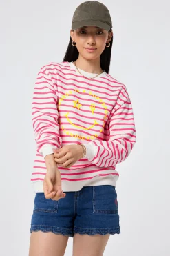 Women Scamp & Dude Ivory with Neon Pink Stripe and Smiley Face Oversized Sweatshirt