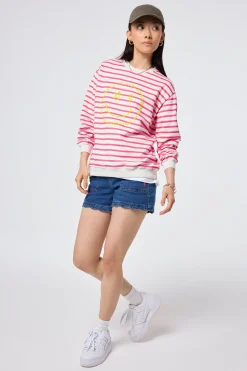 Women Scamp & Dude Ivory with Neon Pink Stripe and Smiley Face Oversized Sweatshirt