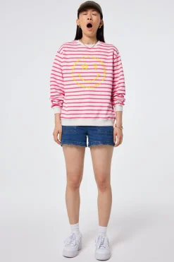 Women Scamp & Dude Ivory with Neon Pink Stripe and Smiley Face Oversized Sweatshirt