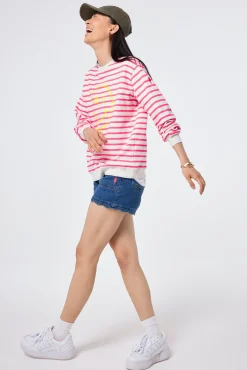 Women Scamp & Dude Ivory with Neon Pink Stripe and Smiley Face Oversized Sweatshirt