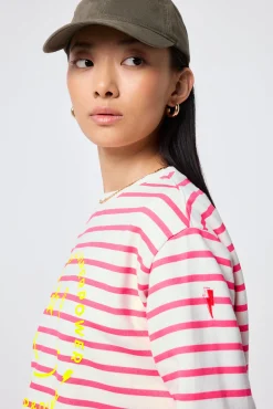 Women Scamp & Dude Ivory with Neon Pink Stripe and Smiley Face Oversized Sweatshirt