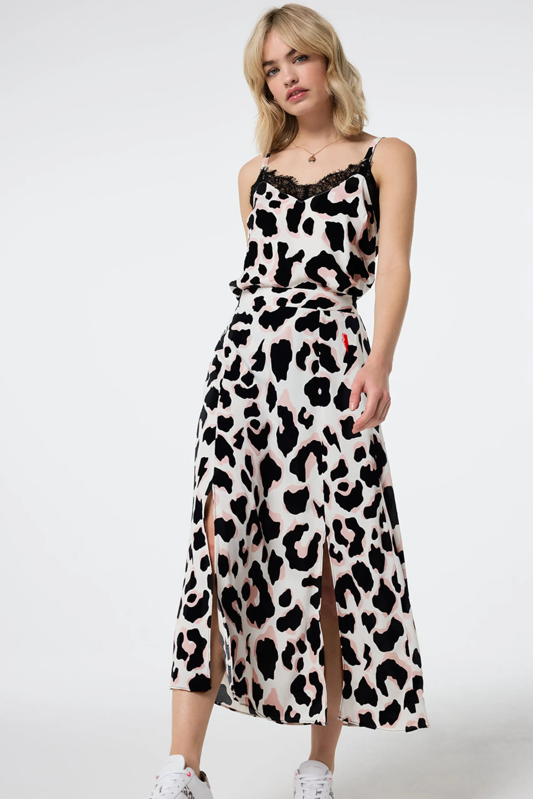 Women Scamp & Dude Ivory with Neutral and Black Mega Shadow Leopard Split Front Skirt