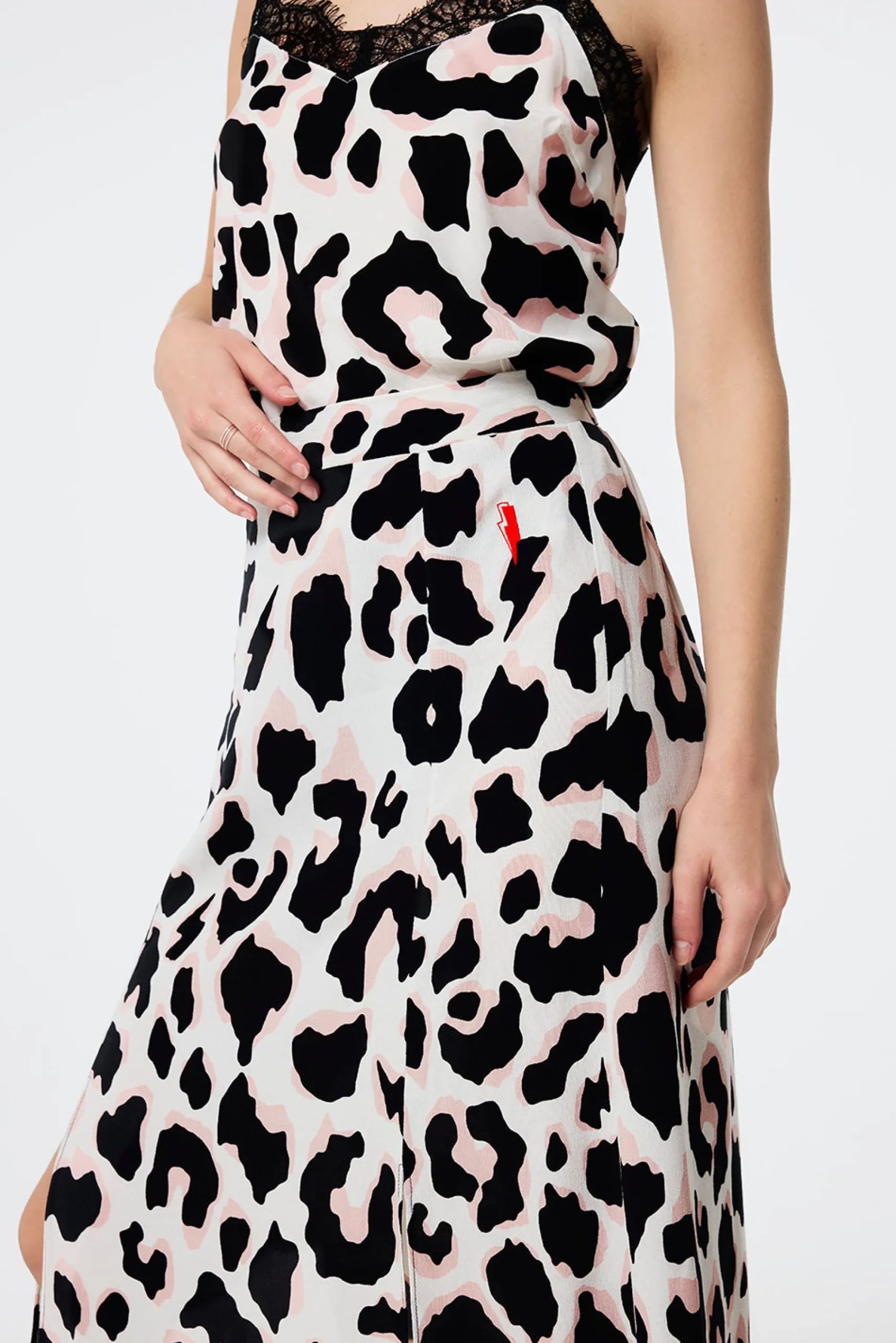 Women Scamp & Dude Ivory with Neutral and Black Mega Shadow Leopard Split Front Skirt