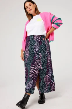 Women Scamp & Dude Khaki and Pink Spliced Leopard Split Front Skirt