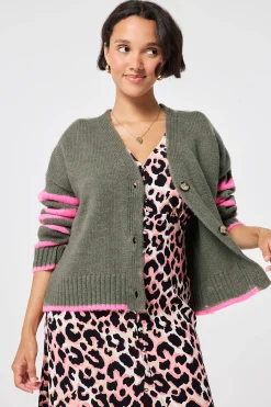 Women Scamp & Dude Khaki and Pink Stripe Cardigan