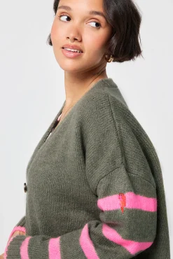 Women Scamp & Dude Khaki and Pink Stripe Cardigan