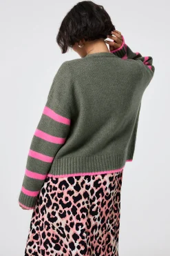 Women Scamp & Dude Khaki and Pink Stripe Cardigan