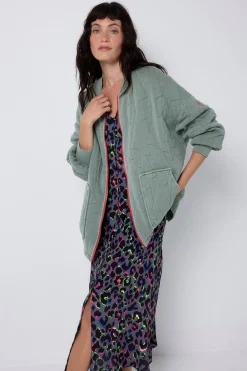 Women Scamp & Dude Khaki Organic Cotton Quilted Lightning Bolt Oversized Bomber Jacket