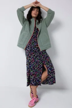 Women Scamp & Dude Khaki Organic Cotton Quilted Lightning Bolt Oversized Bomber Jacket