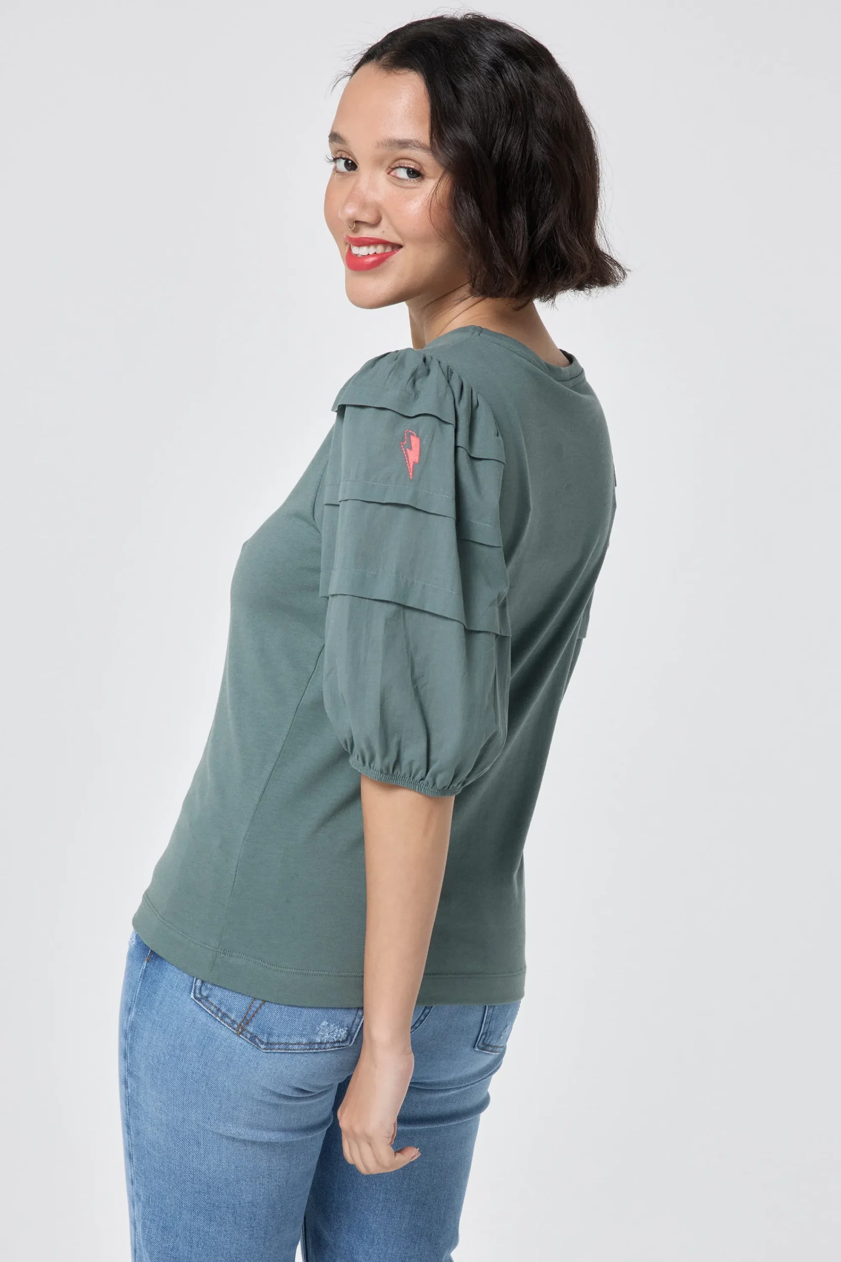 Women Scamp & Dude Khaki Pintuck Sleeve T-Shirt