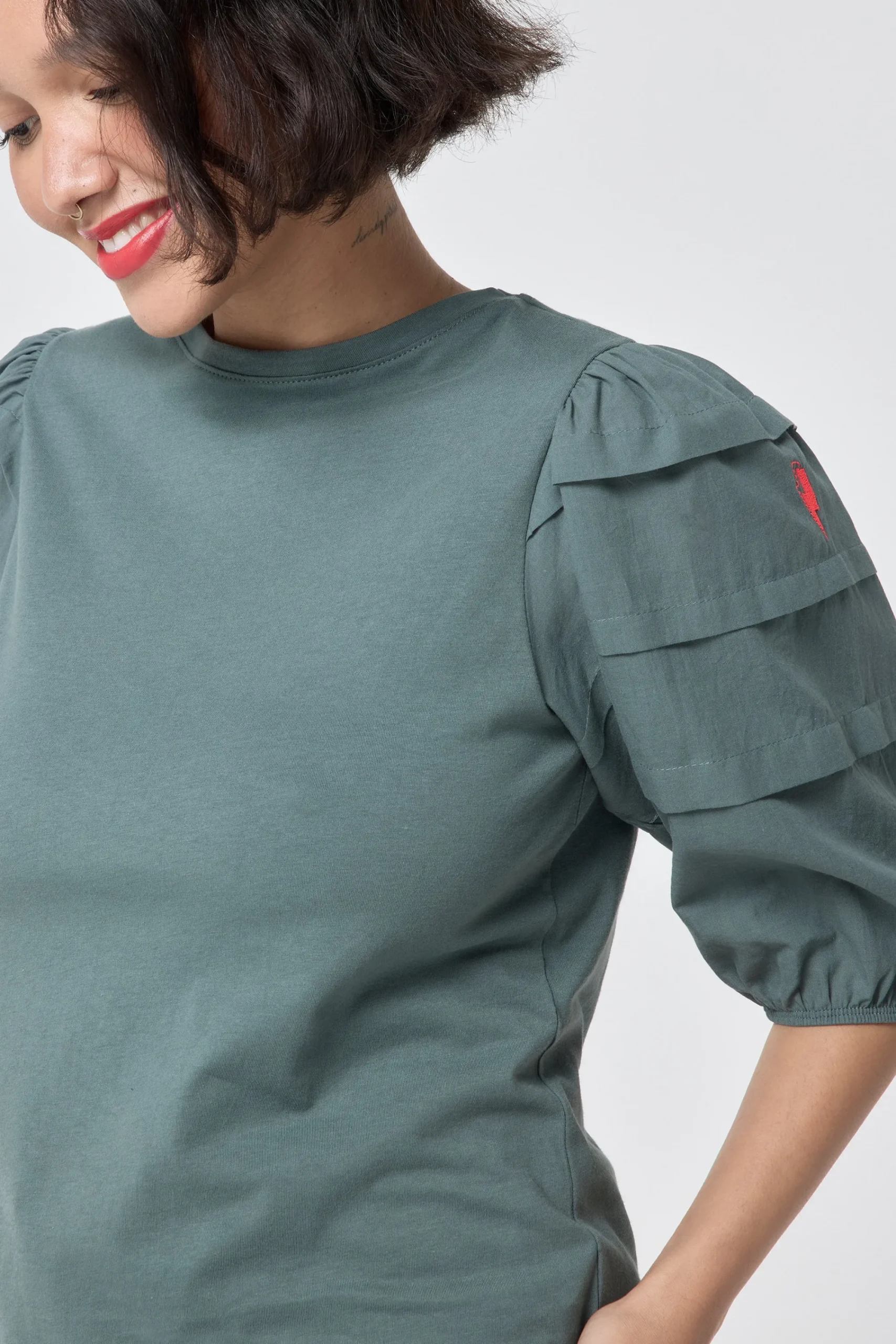 Women Scamp & Dude Khaki Pintuck Sleeve T-Shirt