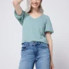 Women Scamp & Dude Khaki Studded V-Neck Puff Sleeve T-Shirt