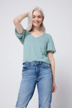 Women Scamp & Dude Khaki Studded V-Neck Puff Sleeve T-Shirt