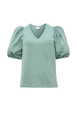 Women Scamp & Dude Khaki Studded V-Neck Puff Sleeve T-Shirt