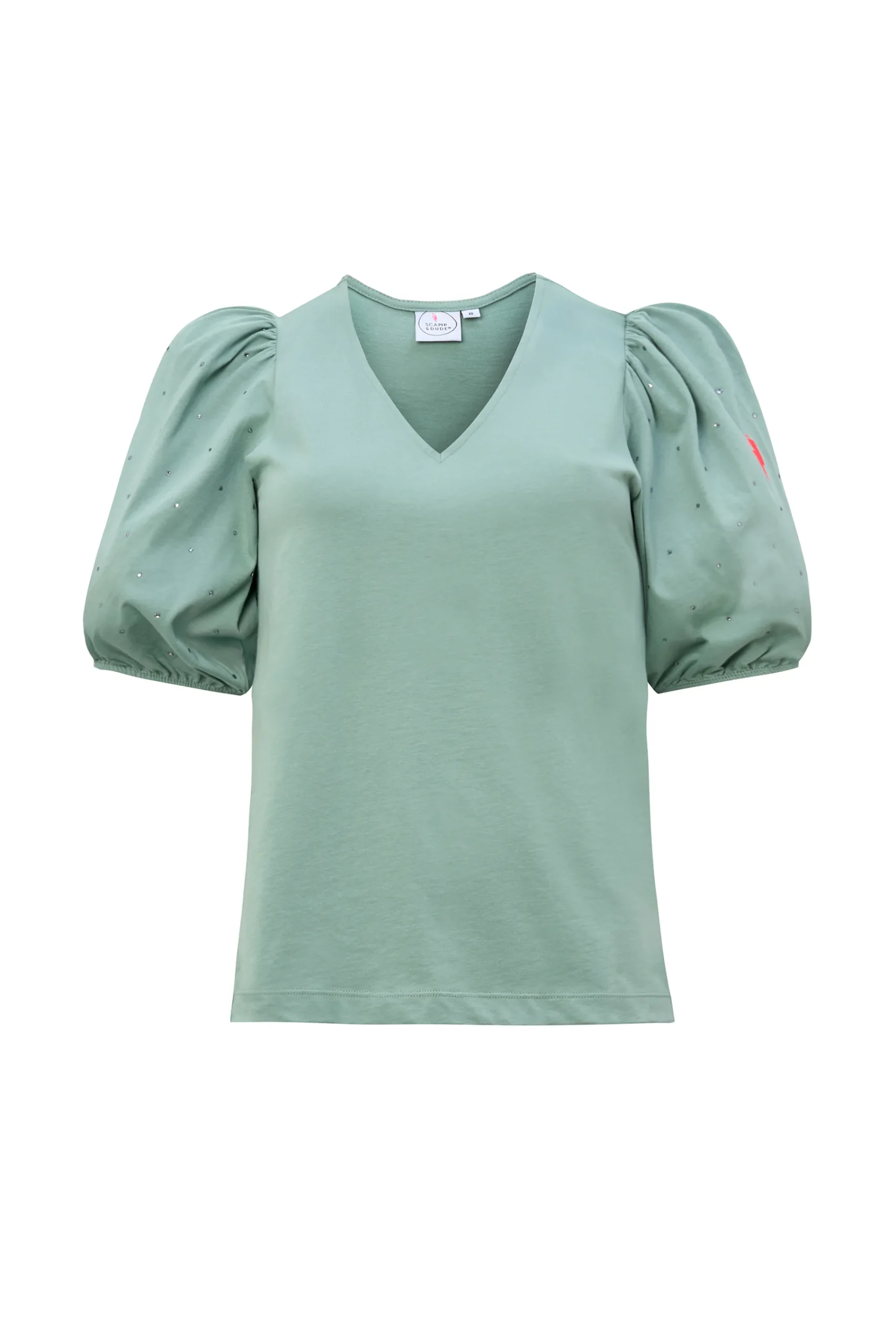 Women Scamp & Dude Khaki Studded V-Neck Puff Sleeve T-Shirt