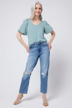 Women Scamp & Dude Khaki Studded V-Neck Puff Sleeve T-Shirt