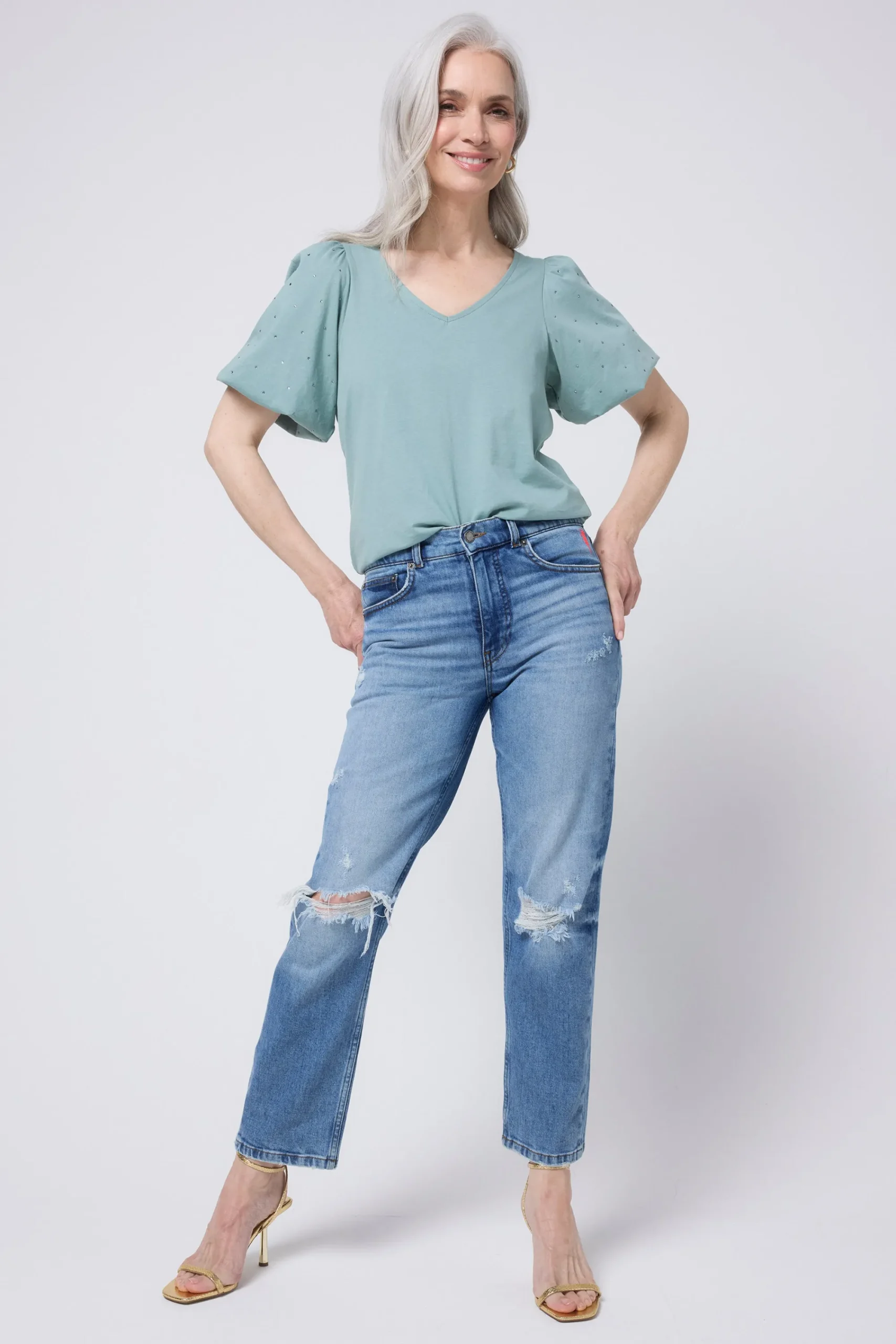 Women Scamp & Dude Khaki Studded V-Neck Puff Sleeve T-Shirt