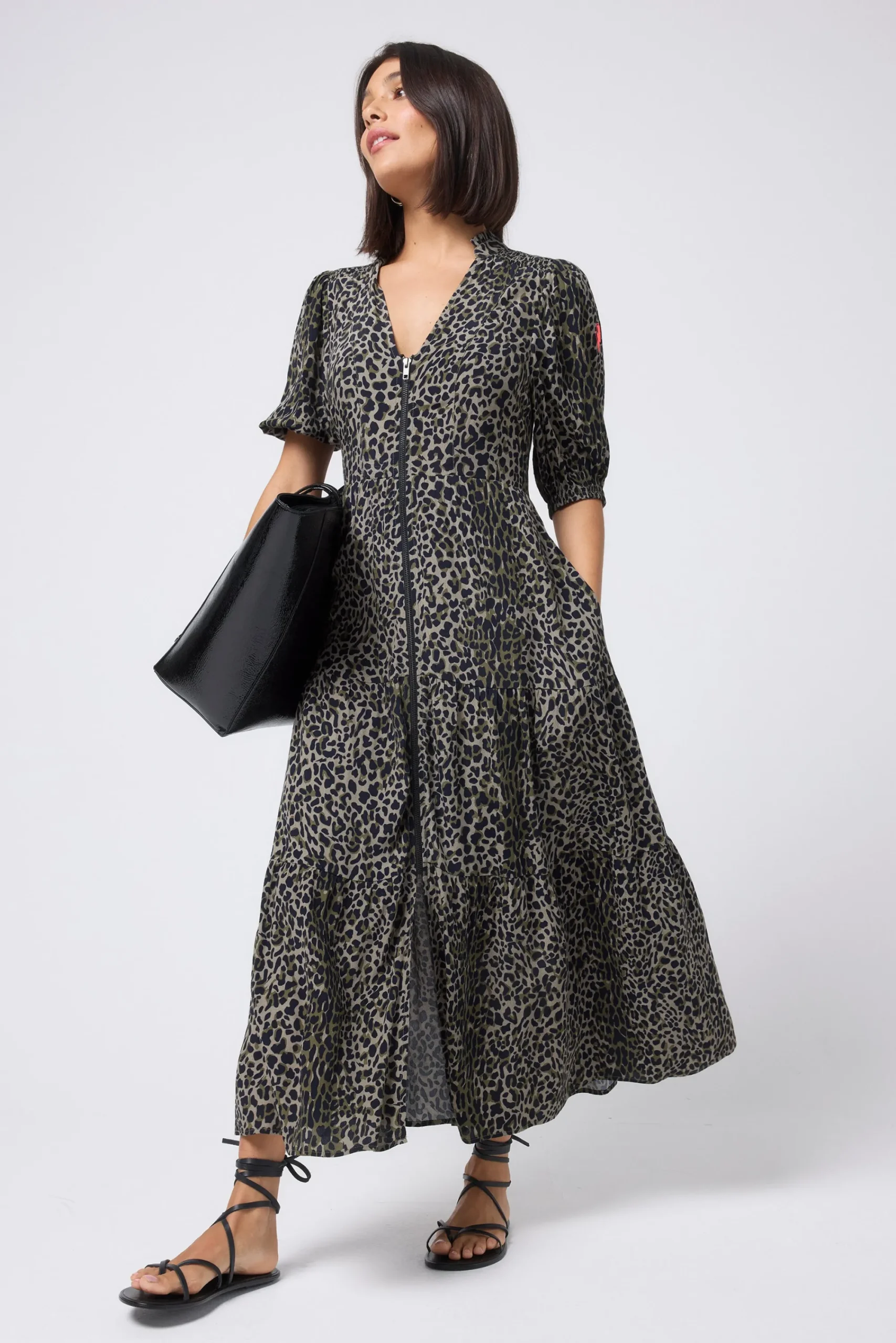 Women Scamp & Dude Khaki with Black Wild Leopard Zip Detail Tiered Midi Dress