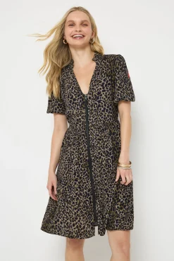 Women Scamp & Dude Khaki with Black Wild Leopard Zip Detail Tiered Short Dress