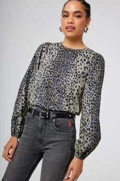 Women Scamp & Dude Khaki with Black Wild Leopard Blouson Sleeve Top