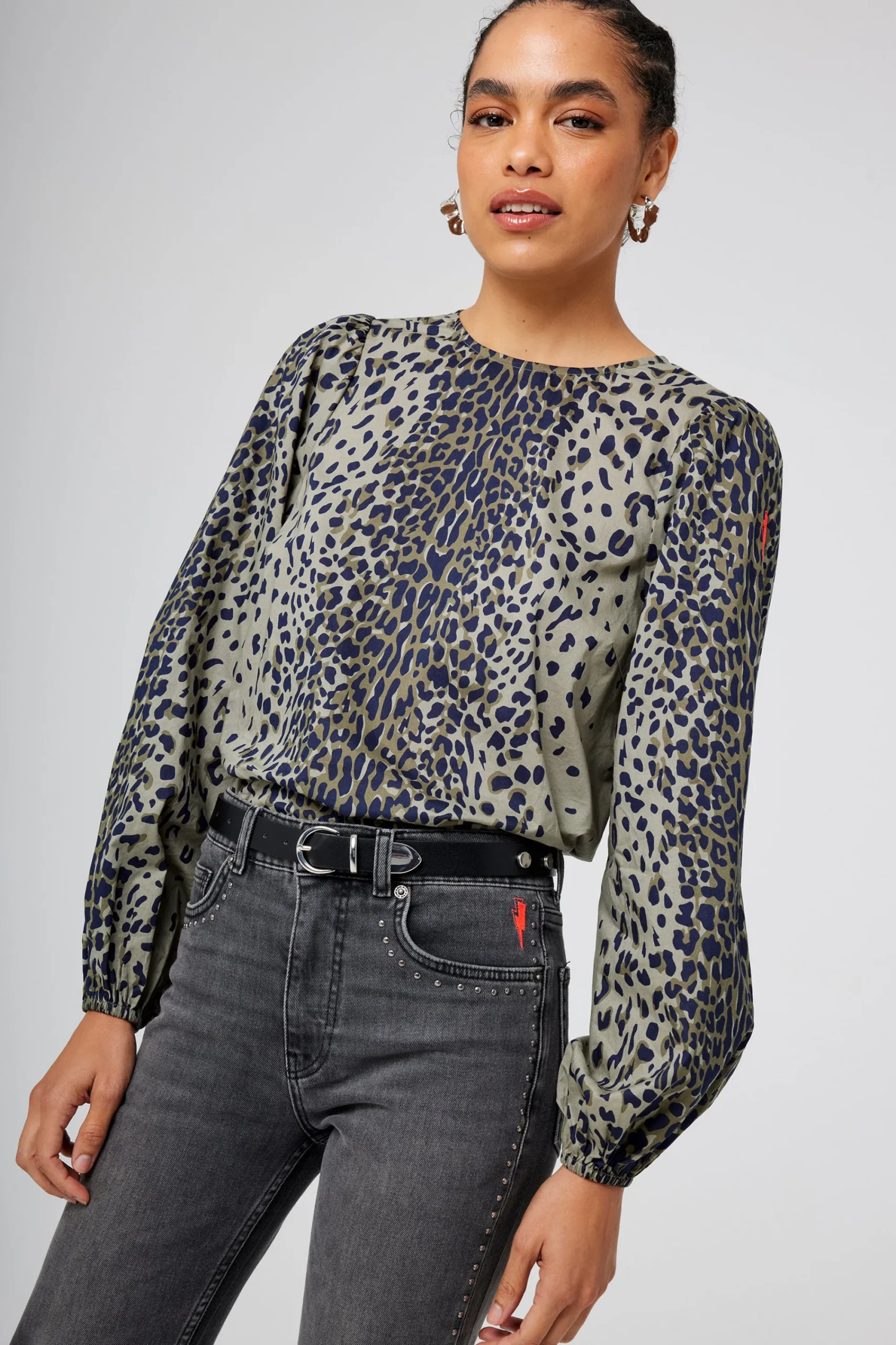 Women Scamp & Dude Khaki with Black Wild Leopard Blouson Sleeve Top