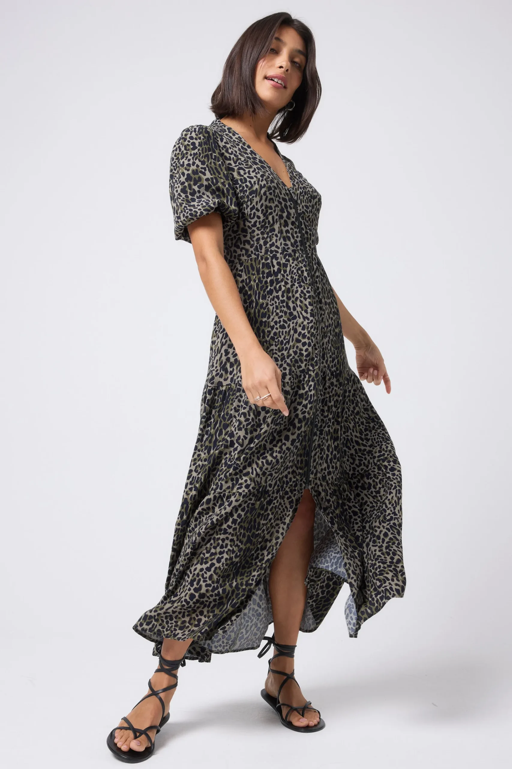 Women Scamp & Dude Khaki with Black Wild Leopard Zip Detail Tiered Midi Dress