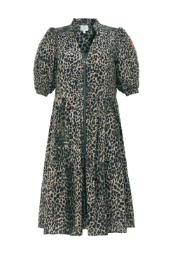 Women Scamp & Dude Khaki with Black Wild Leopard Zip Detail Tiered Short Dress