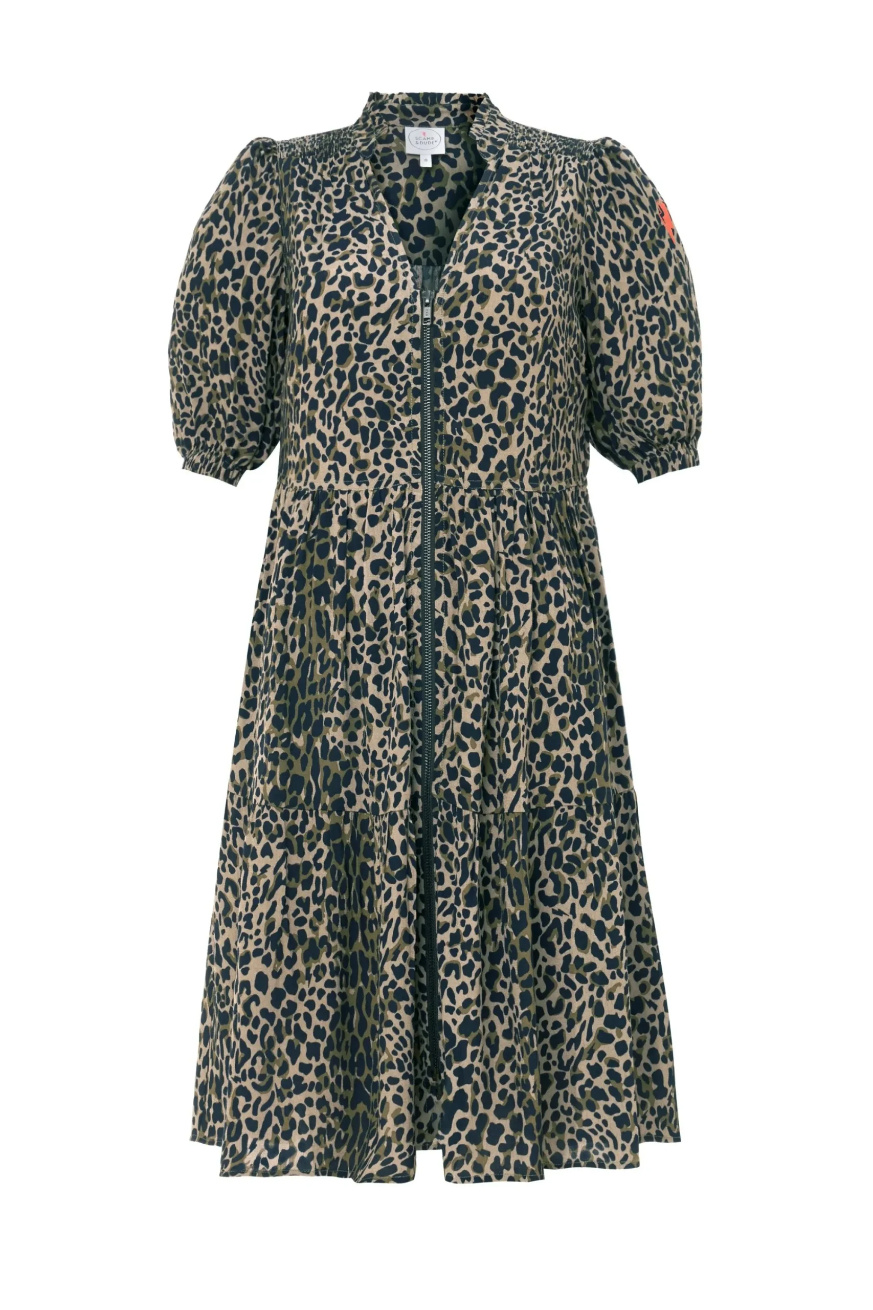 Women Scamp & Dude Khaki with Black Wild Leopard Zip Detail Tiered Short Dress
