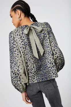 Women Scamp & Dude Khaki with Black Wild Leopard Blouson Sleeve Top