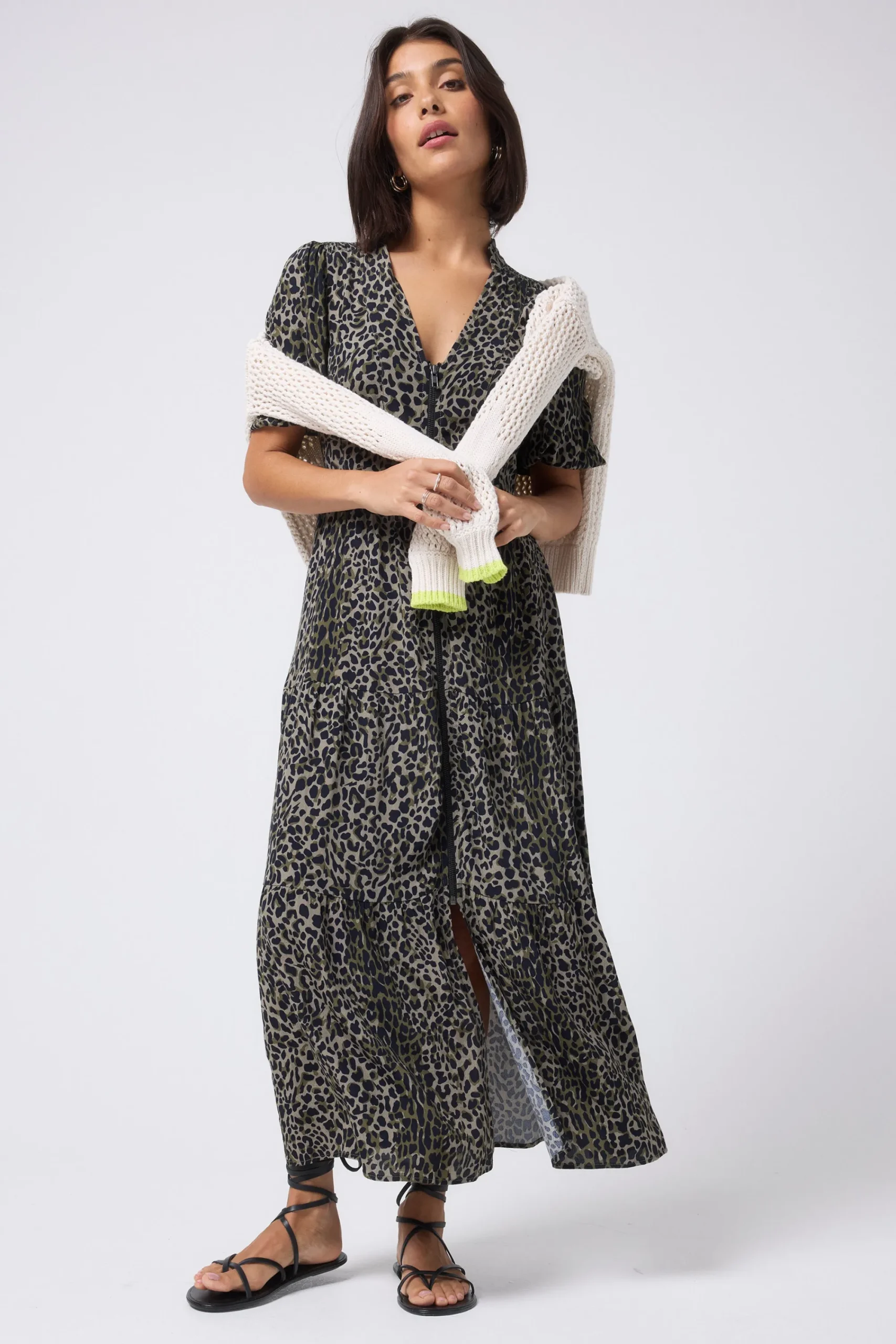 Women Scamp & Dude Khaki with Black Wild Leopard Zip Detail Tiered Midi Dress