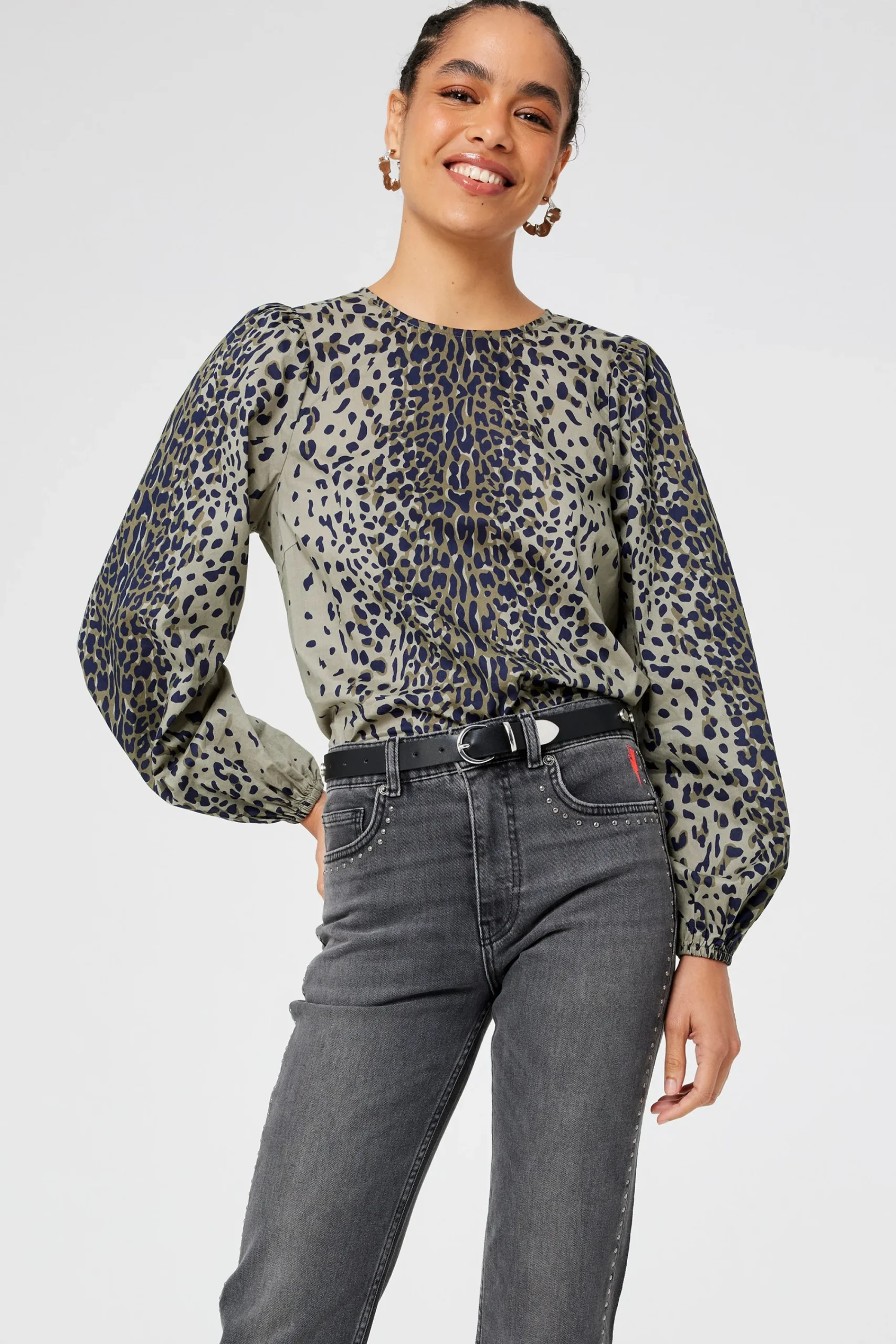 Women Scamp & Dude Khaki with Black Wild Leopard Blouson Sleeve Top