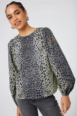 Women Scamp & Dude Khaki with Black Wild Leopard Blouson Sleeve Top