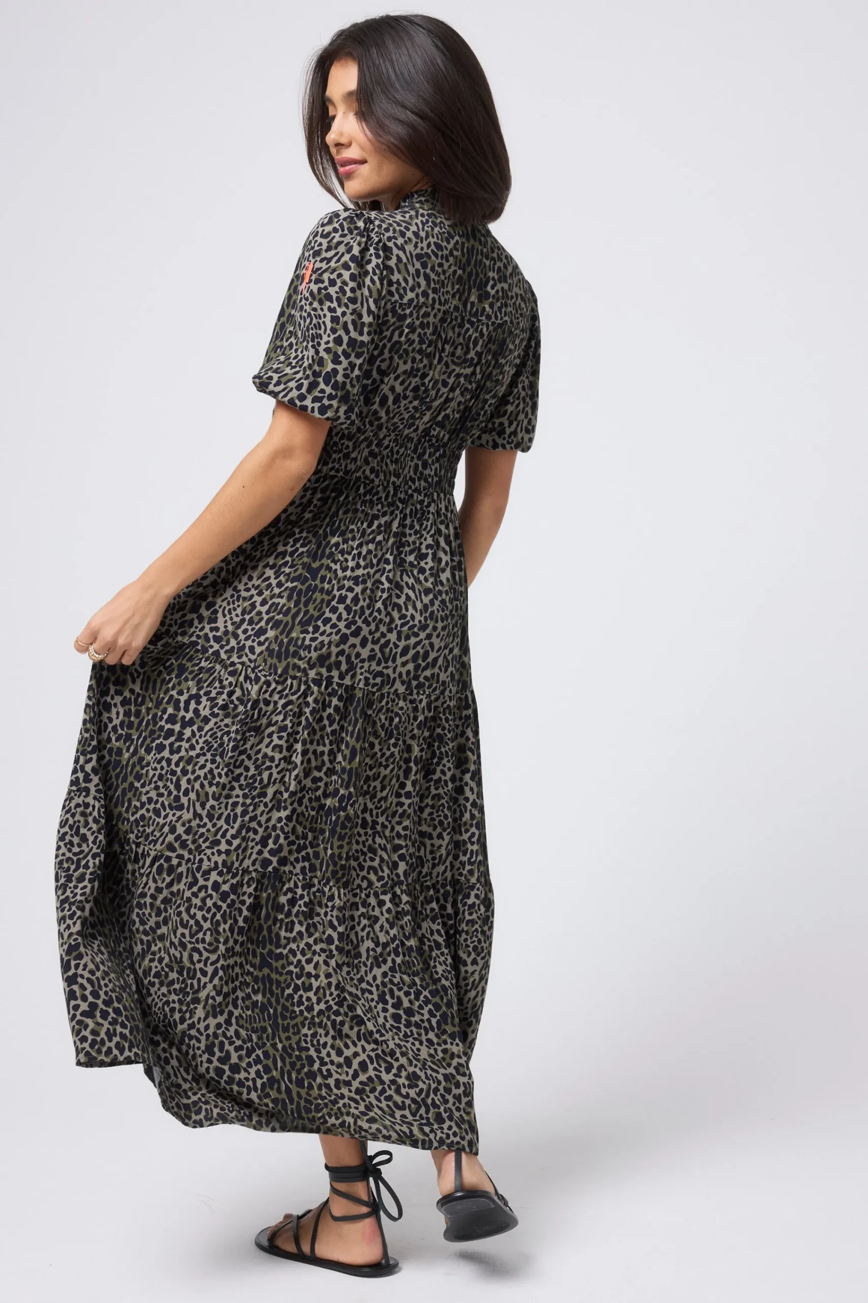 Women Scamp & Dude Khaki with Black Wild Leopard Zip Detail Tiered Midi Dress