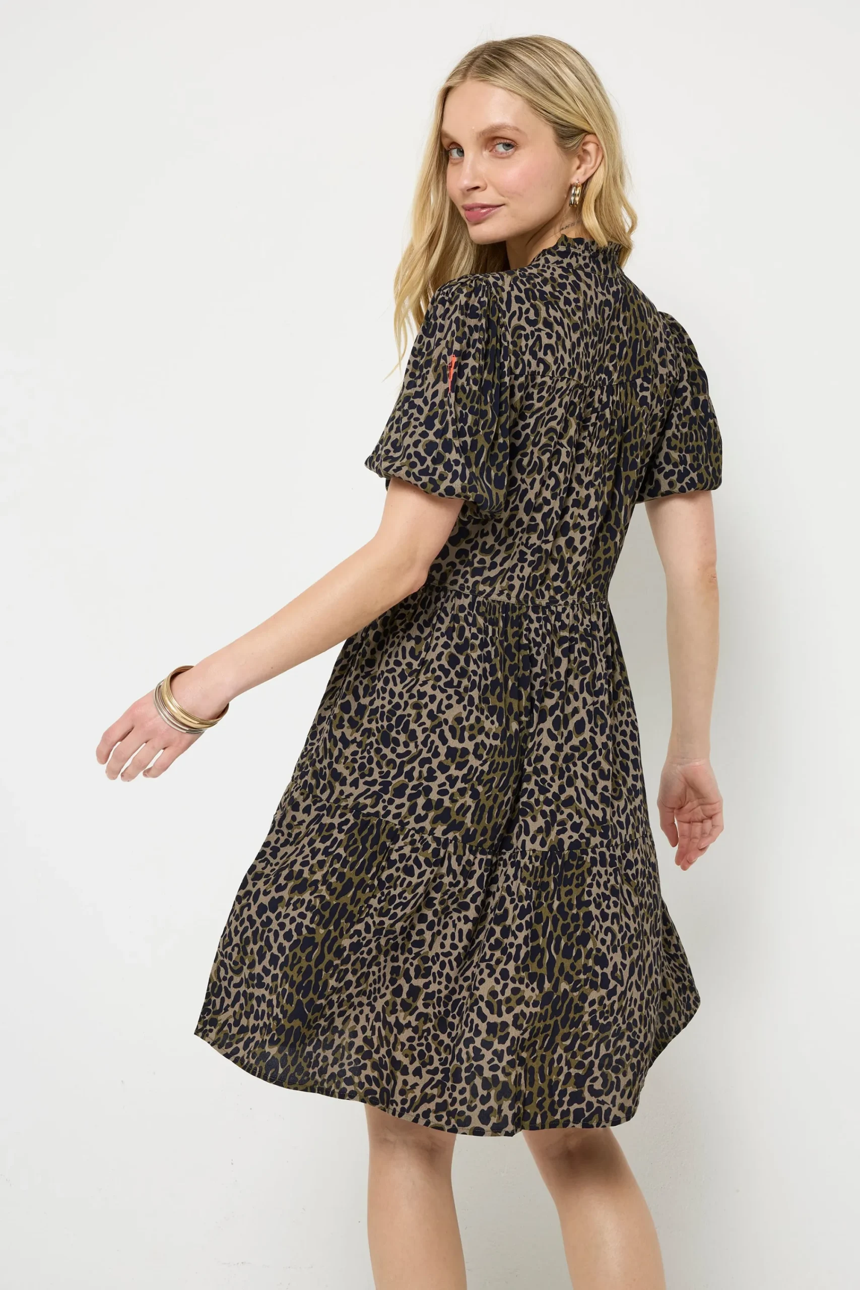 Women Scamp & Dude Khaki with Black Wild Leopard Zip Detail Tiered Short Dress