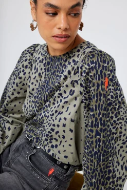 Women Scamp & Dude Khaki with Black Wild Leopard Blouson Sleeve Top
