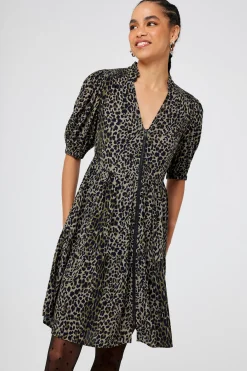 Women Scamp & Dude Khaki with Black Wild Leopard Zip Detail Tiered Short Dress