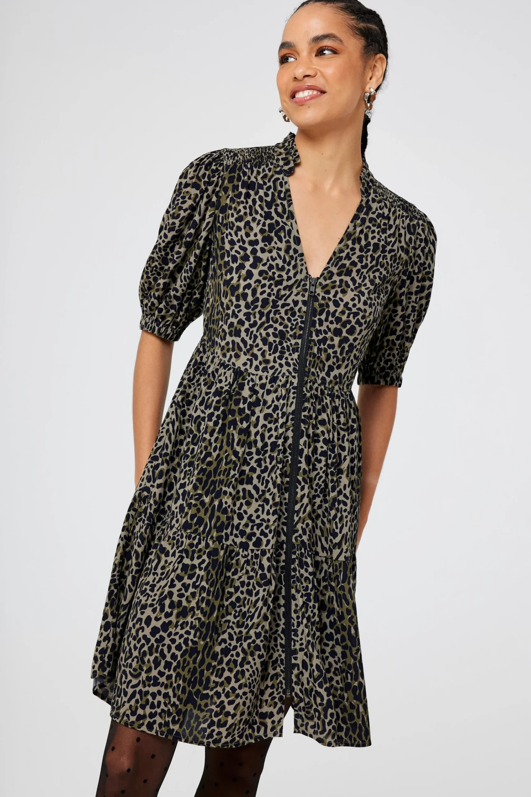 Women Scamp & Dude Khaki with Black Wild Leopard Zip Detail Tiered Short Dress