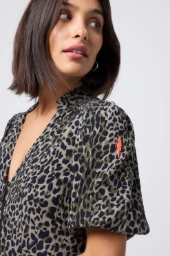 Women Scamp & Dude Khaki with Black Wild Leopard Zip Detail Tiered Midi Dress