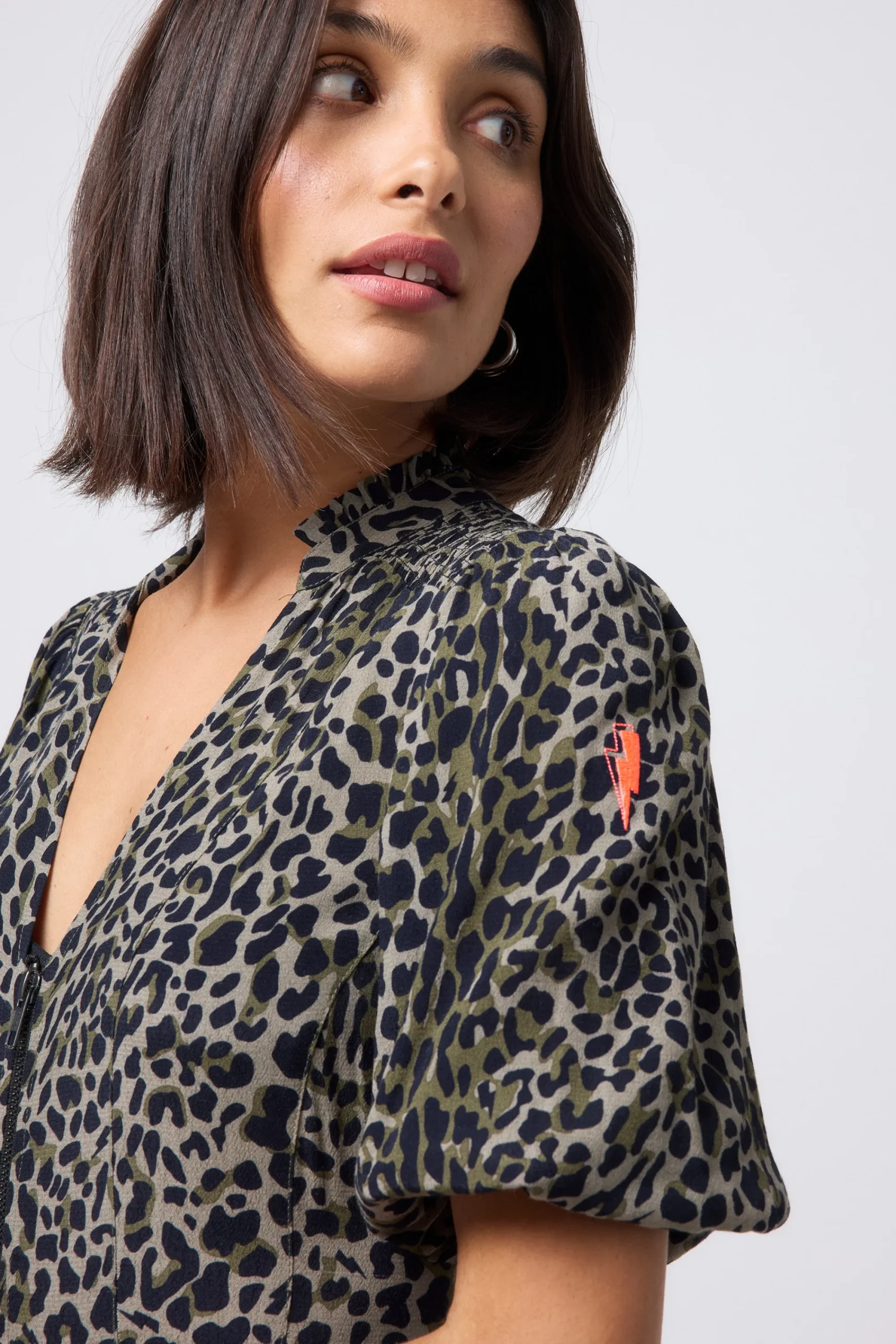 Women Scamp & Dude Khaki with Black Wild Leopard Zip Detail Tiered Midi Dress