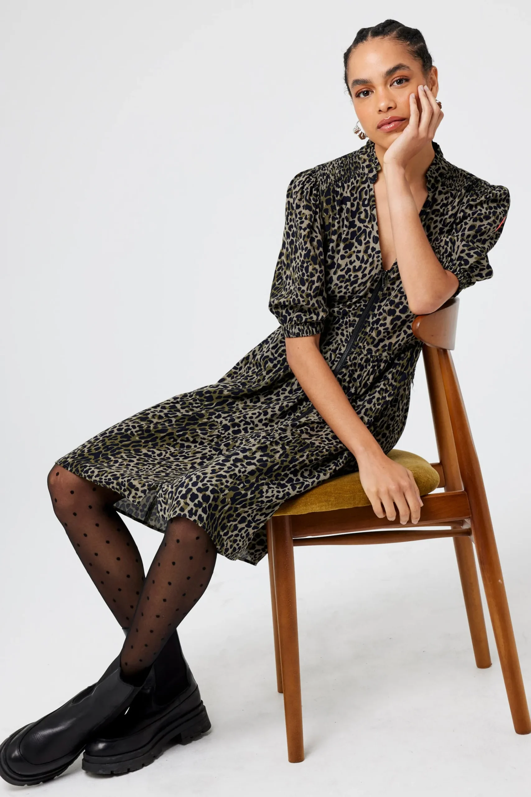 Women Scamp & Dude Khaki with Black Wild Leopard Zip Detail Tiered Short Dress