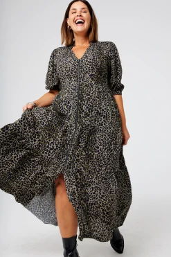 Women Scamp & Dude Khaki with Black Wild Leopard Zip Detail Tiered Midi Dress