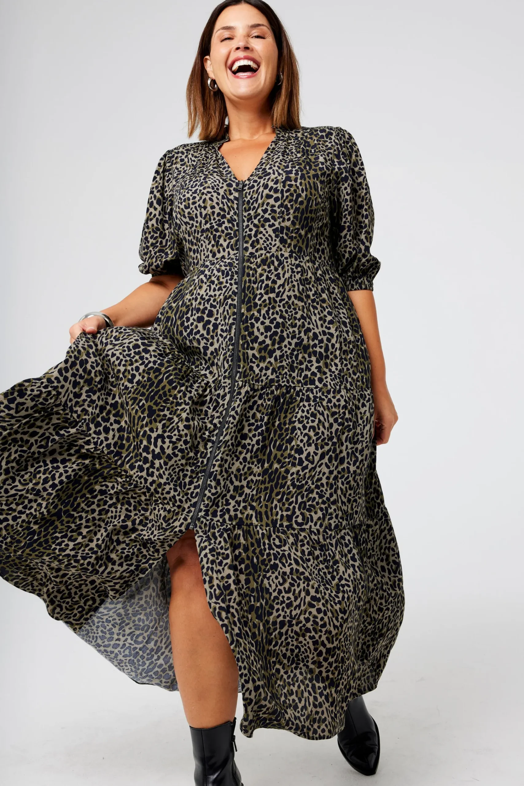 Women Scamp & Dude Khaki with Black Wild Leopard Zip Detail Tiered Midi Dress