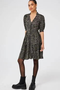 Women Scamp & Dude Khaki with Black Wild Leopard Zip Detail Tiered Short Dress